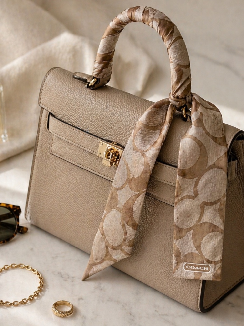 Coach Silk Twilly Skinny Scarf Monogram Neutral Hair Bag - Picture 2 of 10